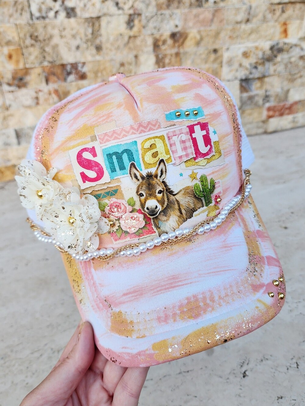 Handmade One Of A Kind Trucker Hat Funny Sassy Burro Glitter Unique Handpainted